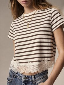 Willow Rêve Women's White Lace Loose Patchwork T-Shirt, Casual Vacation Style, Boho Style, Valentine's Day, Sports - Khaki - View 4
