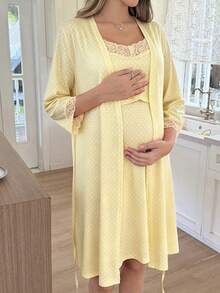 Moonlight&Mama 圓點印花蕾絲飾邊孕婦內搭洋裝，適合媽媽四季穿著 - 黃色 - 查看 4