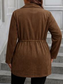 Ceyna 大尺碼女款翻領收腰風衣，A字版型長袖麂皮感咖啡棕中長夾克，法式優雅知性通勤休閒度假正式辦公下午茶街頭風英倫秋冬新款常規大衣 - 咖啡棕 - 查看 2