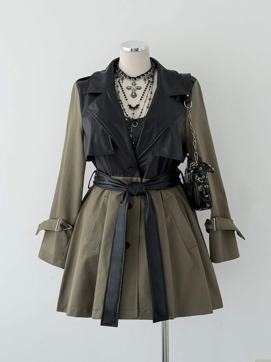 Sunspun Plus Size Elegant Military Green Patchwork Single-Breasted Cinched Waist Tie Trench Coat - Multicolor - View 1