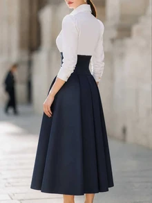 SHEIN Women's Fall Winter Color Block Midi Dress Collared Puff Long Sleeve Corset Gold Button Pleated A Line Elegant Office Dress - Navy Blue - View 2