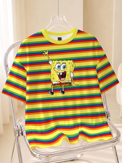 SpongeBob SquarePants | SHEIN Женская повседневная свободная футболка с коротким рукавом, принтом в полоску и мультяшным сидящим персонажем