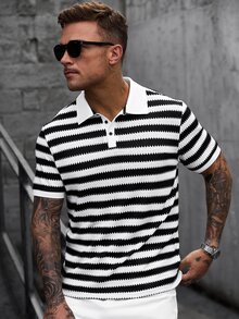 Manfinity CasualCool 男士條紋對比色半開襟鈕扣 Polo 衫 - 黑與白 - 查看 5