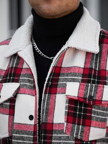 Manfinity CasualCool 男士格紋長袖單排扣休閒工裝口袋夾克，秋冬法蘭絨外套，送給男友與丈夫的完美節日禮物 - 彩色 - 查看 5