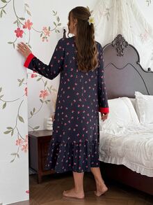 CottageSlumber Cherry Print Long Sleeve Plus Size Nightgown, V-Neck Chinese Style Frog Button Design Loungewear - Multicolor - View 2