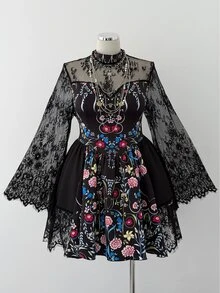 Sunspun Plus Size Floral Lace Long Sleeve Vintage Print Sheer A-Line Dress - Black - View 5