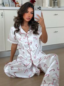 ZzzCrew Christmas Candy Cane Print Faux Silk Pajama Set, Exquisite Lapel Home Leisure 2 Pieces Set - Red and White - View 3