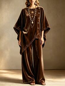 Zayélia Women's 2 Pieces Set, Autumn/Winter 2 Pieces Set, Velvet Set - Coffee Brown - View 7