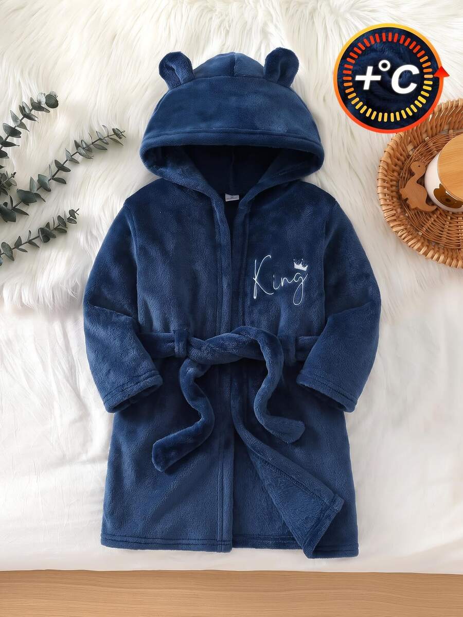 Boys' Simple Royal Blue Plush Long Sleeve Hooded Robe Loungewear - Blue - View 1