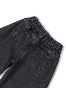 Boys' Black & Grey Washed High-Waist Elastic Curved Leg Horseshoe Jeans With Heavy Distressed Large Five-Point Star, Frayed Hem, Contrast Patchwork, Casual School Daily Wear - Black - View 7