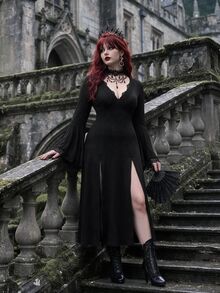 Whyspr Plus Size Dark Style Side Slit Long Dress - Black - View 5
