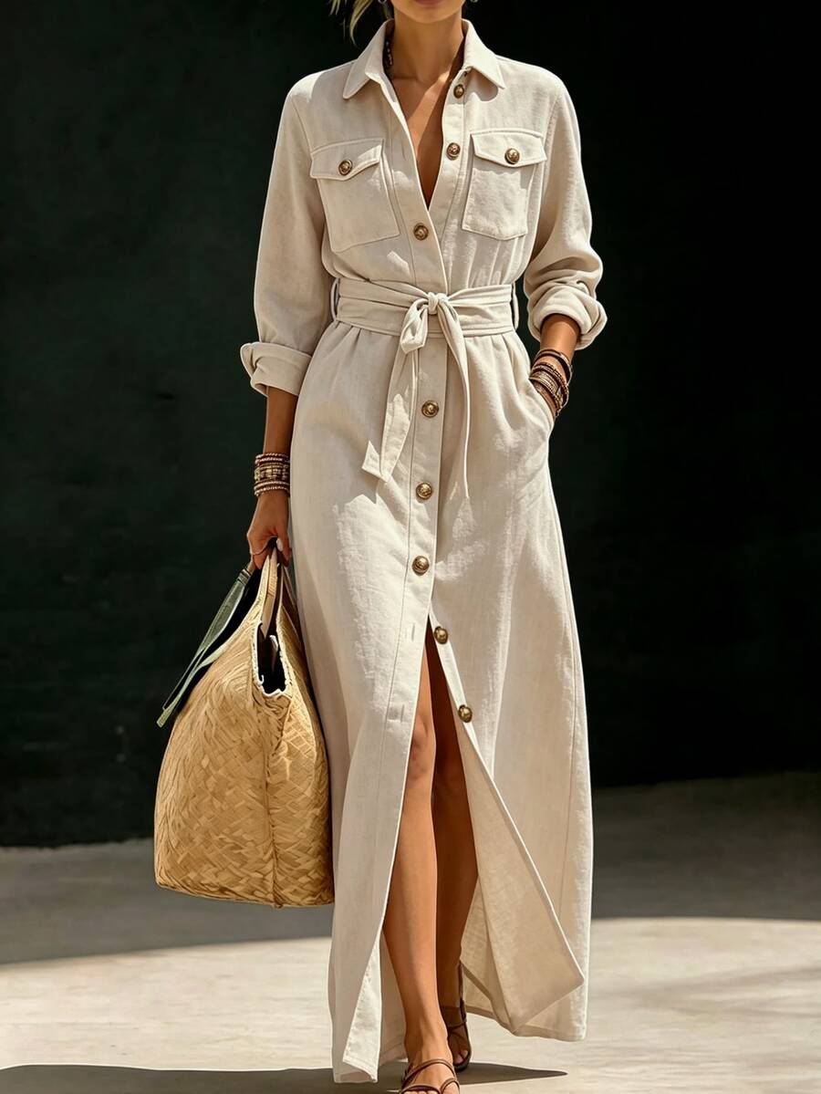 SHEIN Holidaya Solid Color Button Design With Belt Lapel Long Sleeve Casual Daily Outing Elegant Women's Dress - Apricot - View 1