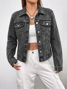 SHEIN EZwear 女款單排扣水洗牛仔夾克，秋季女裝 - 黑色 - 查看 4