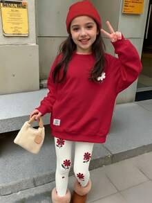 青少年女孩休閒可愛花卉圖案圓領長袖衛衣與內搭褲2件套，適合秋冬穿著 - 白色 - 查看 2