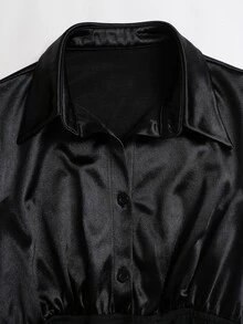 Sweetra Women's Black Satin Lapel Button-Up Patchwork Design Ruched Slim Fit Flattering Autumn/Winter European & American Sexy Hot Girl Style Minimalist High-End Elegant Commute Short Dress - Black - View 3