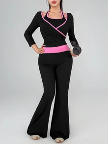 DAZY Women's Striped Colorblock Top And Pants Sports Set - Black - View 4