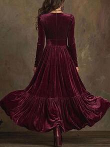 Solivie Women's Autumn V-Neck Wine Dress Going Out Dresses Wedding Guest Dress Party Dress New Year Dress Halloween Casual Dresses - Burgundy - View 2