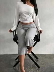 BamGleam Sexy Style Asymmetrical Shoulder Long Sleeve T-Shirt + Grey Wide Leg Capri Pants Set, Lazy Casual 2 Pieces Outfit - Multicolor - View 1