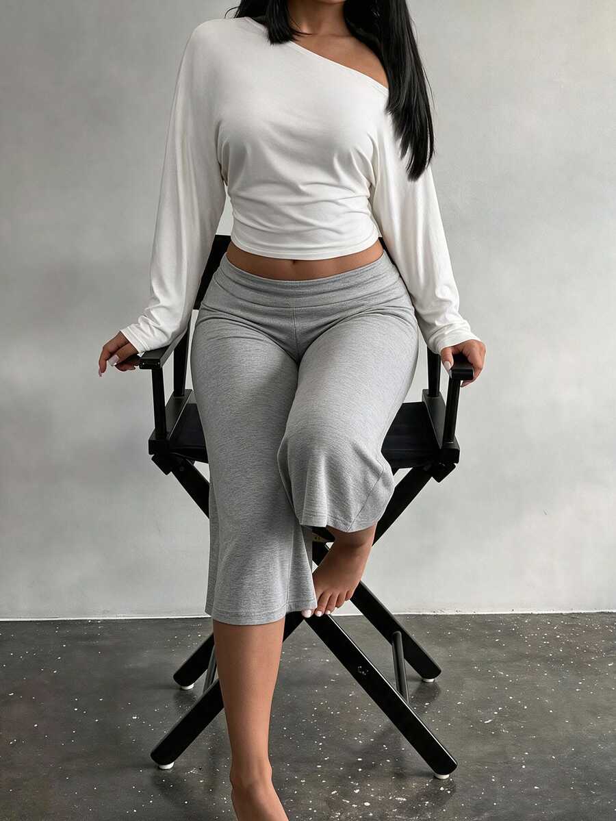 BamGleam Sexy Style Asymmetrical Shoulder Long Sleeve T-Shirt + Grey Wide Leg Capri Pants Set, Lazy Casual 2 Pieces Outfit - Multicolor - View 1
