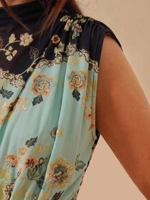 SHEIN BAE Fall Winter Vintage Floral Print Black Color Block Sleeveless Ruched Bodycon Bodysuit Thanksgiving Day Of The Dead Brunch Party - Multicolor - View 7