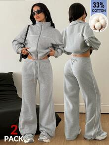 Coolane Women's Fall/Winter Basic Grey Casual Gym Two Pieces Outfits 33%Cotton Streetwear Sportswear Zip Front Hoodie & Drawstring Pants Banded Texture Set - Grey - View 3