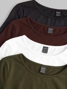 SHEIN EZwear 多色針織女款修身T恤 - 軍綠色 - 查看 3