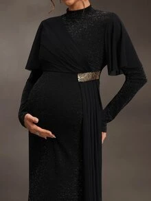 Cheriluna Maternity Elegant Solid Color Mesh Patchwork Maternity Dress - Black - View 5
