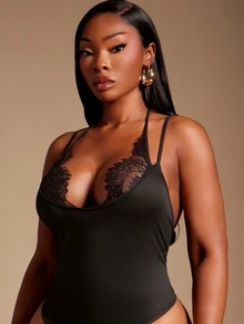 SHEIN SXY Black High Elasticity Knit Sleeveless Camisole Contrast Lace Fitted Backless Camisole - Black - View 5