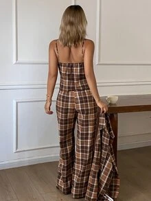 DAZY Women's Plaid Long Sleeve Top, Camisole And Pants Pajama Set - Coffee Brown - View 8