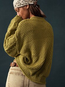 Bohemela Women's Dropped Shoulder Long Sleeve Cable Knit Single-Breasted Cardigan - Green - View 7
