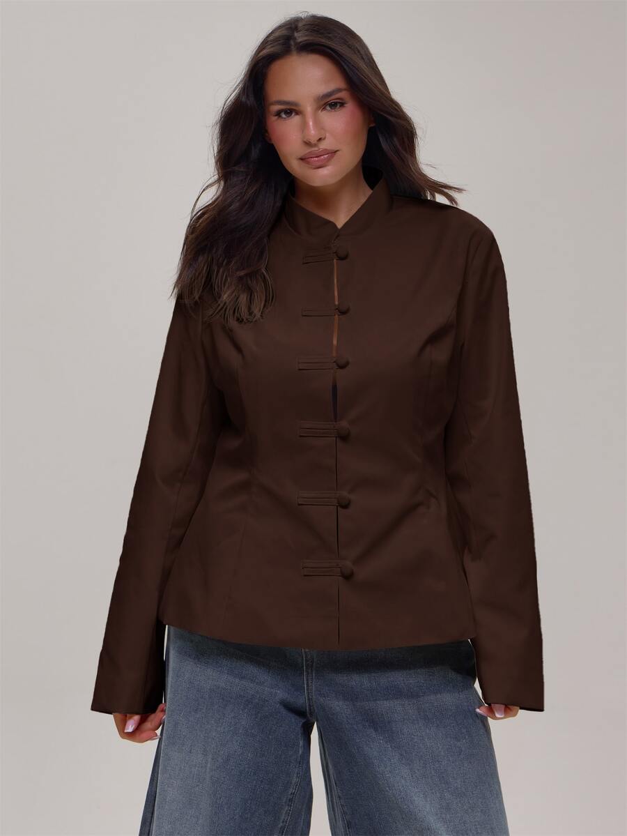 MUSERA Atasan Wanita Ukuran Besar Lengan Panjang Putih dengan Detail Ikat Pinggang untuk Musim Dingin dan Gugur, Cocok untuk Acara Keluar Rumah - Chocolate Brown - View 1
