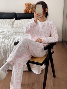 Napfluff Women's Plush Fair Isle Snowflake Bow Cute Pullover Long Sleeve Pants Pajama Set - Pink - View 3