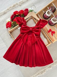SHEIN Baby Girl Knitted Velvet Solid Color Square Neck Ruffle Casual Dress,Robe Elegante Chic,Red Dresses,Fall Dress ,Christmas - Red - View 1