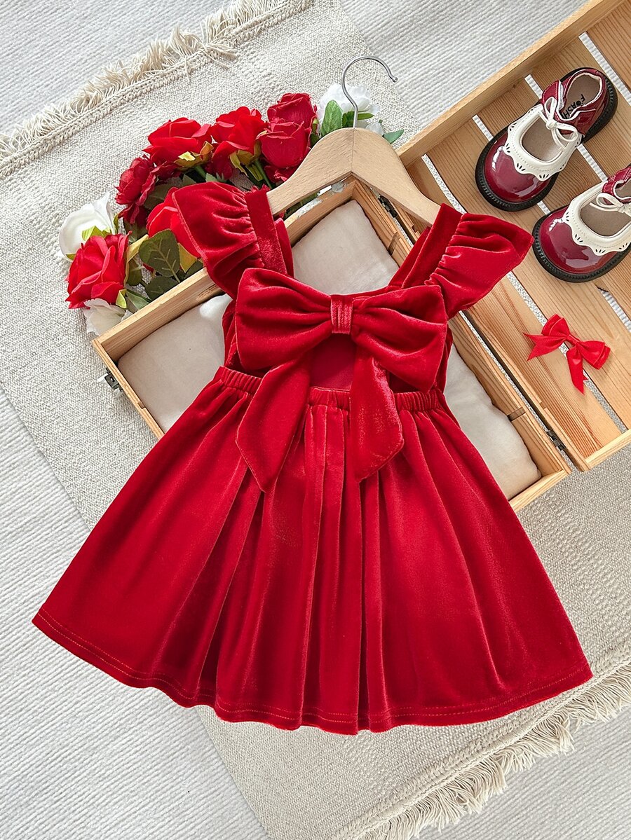 SHEIN Baby Girl Knitted Velvet Solid Color Square Neck Ruffle Casual Dress,Robe Elegante Chic,Red Dresses,Fall Dress ,Christmas - Red - View 1