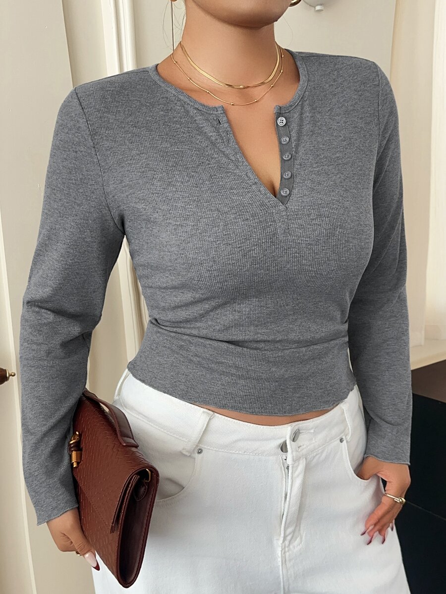 Dazy Plus Round Neck Long Sleeve Button Grey Solid Color Slim Fit Ribbed Knit Cropped T-Shirt - Grey - View 1