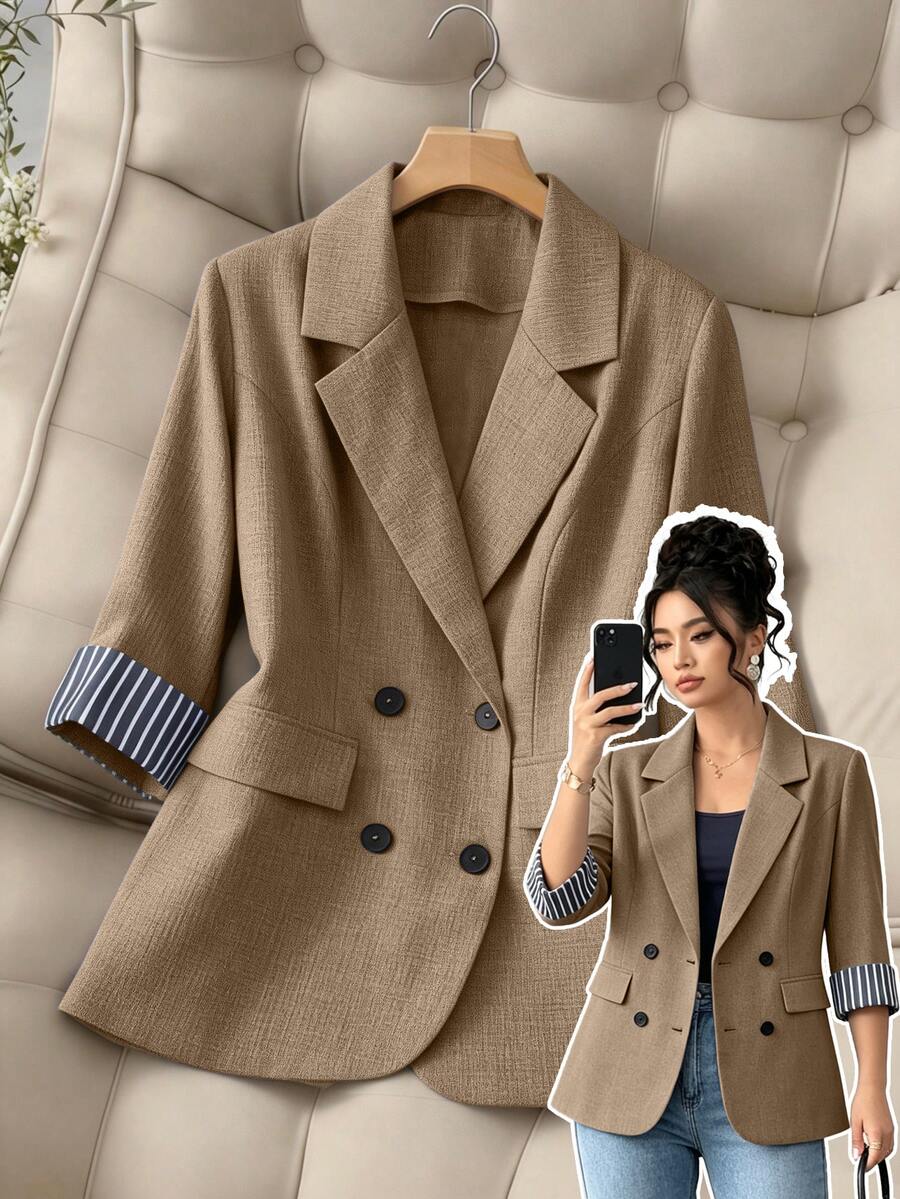 GlowEve CURVE Blazer Tipis Kancing Ganda Ukuran Plus untuk Wanita Musim Semi/Panas, Jaket Jas Kasual untuk Perjalanan Kerja dengan Manset Patchwork Garis Kontras - Khaki - View 1