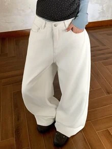 Livesso 女款標準中腰香蕉腿休閒長版牛仔褲 - 白色 - 查看 1