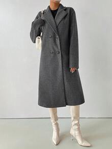 SHEIN 女款休閒純色雙排扣大衣，秋冬女裝外套 - 灰色 - 查看 4