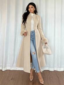 Rafferiza 女款純色長袖單排扣袖口拼接毛毛飾邊長款大衣 - 杏色 - 查看 7
