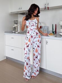 ZzzCrew Christmas Pajama Set With Strapless Pants, Cute Reindeer Print, High-Quality Ribbed Fabric With Lace Accents - Red - View 2