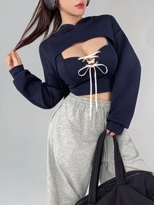 DAZY Set Atasan Wanita dengan Ikatan Depan dan Hoodie Lengan Panjang - Navy Blue - View 8