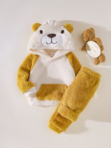 SHEIN Playful Pals 2pcs Baby Toddler Boy Hooded Jacket Pants Cute Sweet Yellow White Fuzzy Bear Ears Pocket Long Sleeve Hooded Thick Birthday Winter Fall Set - Yellow - View 4