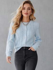 SHEIN Cardigan Rajut Mutiara Imitasi Elegan untuk Wanita - Baby Blue - View 4