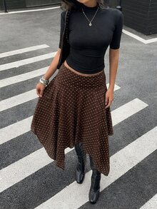 Aloruh 女款新款低腰不對稱下擺格紋裙，復古Y2K街頭風，休閒極簡日常百搭聚會棕色與白色波點秋季穿搭，秋季造型，女款通勤穿搭，百搭上衣，外出穿搭，機場穿搭 - 彩色 - 查看 7