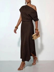 Zivah Women's Solid Color Asymmetrical Shoulder Ruched Minimalist Vacation Dress - Rust Brown - View 6