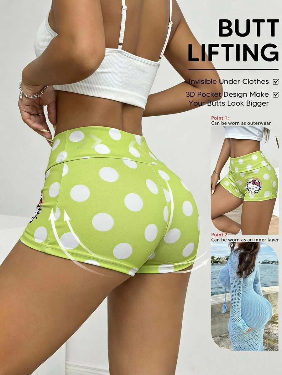 HELLO KITTY AND FRIENDS | SHEIN SHEIN EZwear 女款純色百褶單車短褲,夏季單車、瑜伽運動復古波點撞色Kitty聯名印花圖案,適合外出、街頭穿搭、機場造型、時尚、返校、Y2K、派對、海灘度假、假期 - 彩色 - 查看 1