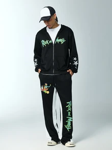 Rick and Morty X SHEIN Men's Letter Pattern Zip-Up Hoodie And Sweatpants Casual Daily Set - Black - View 3