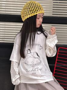 Livesso Tween Girl Letter & Rocking Horse Print Crew Neck 2 In 1 Long Sleeve Casual T-Shirt - White - View 7