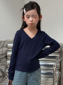 Dazy Kids Tween Girl) V-Neck Fitted Casual Long Sleeve Basic T-Shirt - Navy Blue - View 6