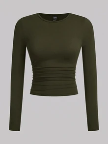 SHEIN EZwear 多色針織女款修身T恤 - 軍綠色 - 查看 4